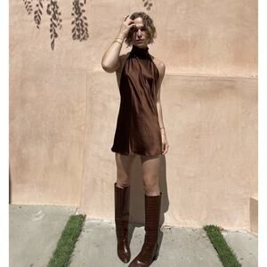 EDT Silk Brown Mock Neck Open Back Mini Dress Small